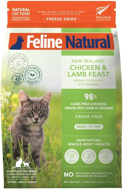 Feline Natural High Protein Dry Cat Food, Freeze-Dried Diet with 98% Meat, Organs & Seafood, No Peas, Grains, or Artificial Additives, Made in New Zealand, Chicken & Lamb, 11oz