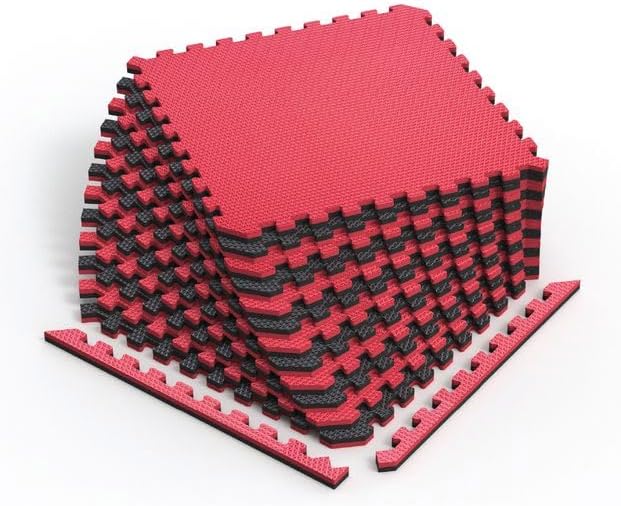 Norsk Reversible Gym Exercise Mats 3/4" Thick EVA Interlocking Foam Tiles, Perfect Home Gym Flooring, 32 Tiles & 64 Trim Pieces, 128 Sq. Ft. Reversible, Red/Black
