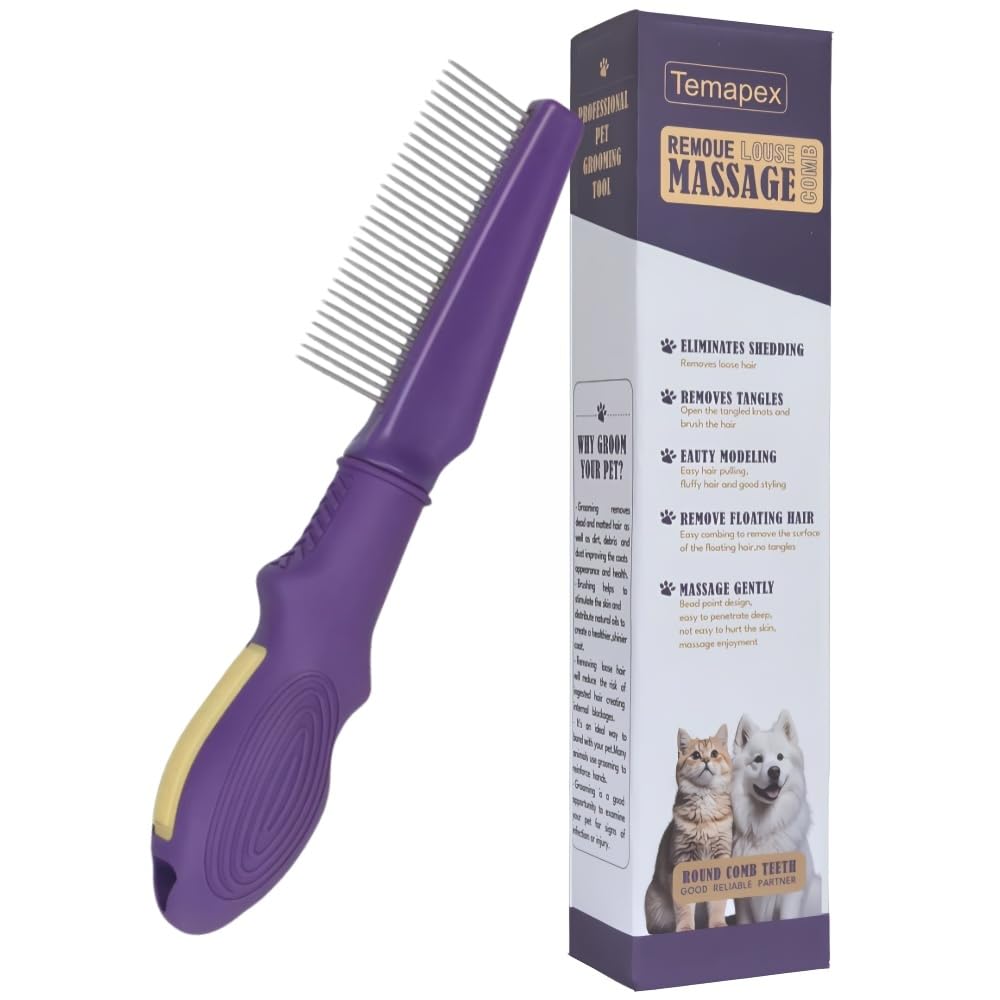 Pet Comb for Grooming Long Haired Cats & Dogs With Stainless Steel Metal Teeth for Shedding and Tangles, Non-slip & Anti-static rubber handle,Safe & Gentle Pet Grooming Comb