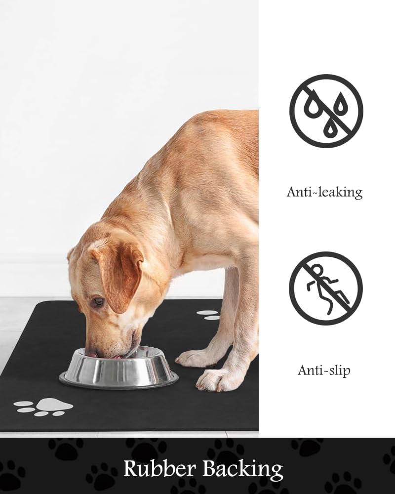 Pet Feeding Mat-Absorbent Dog Mat for Food and Water Bowl-No Stains Quick Dry Water Dispenser Mat-Dog Accessories Pet Supplies-Bowl for Messy Drinkers（Black,17"x34"