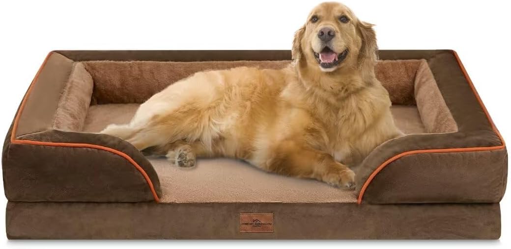 Comfort Expression Dog Beds for Extra Large Dogs, Waterproof Orthopedic Foam XL Dog Beds with Bolster, Washable Dogs Bed Sofa Pet Bed with Removable Cover & Non-Slip Bottom(X-Large,Brown)
