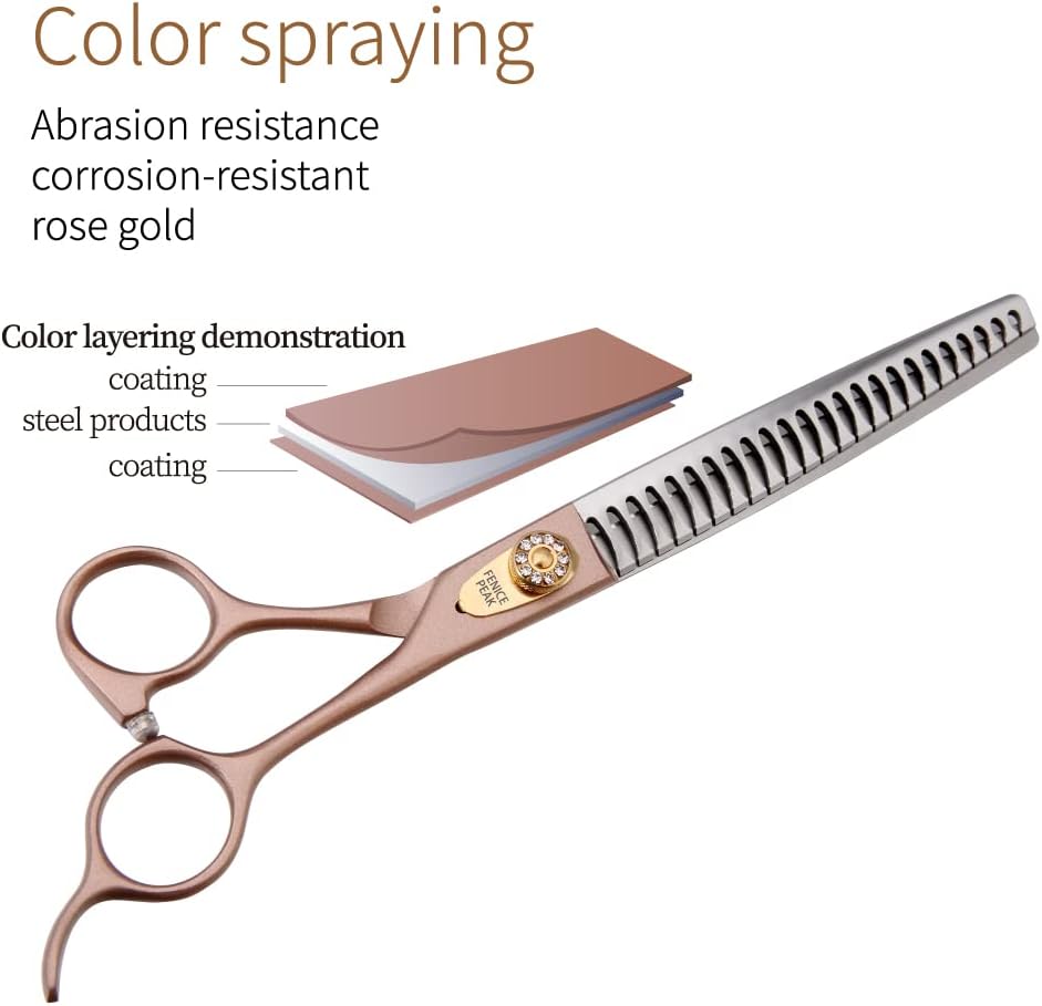 Fenice Peak 7.5‘’ Professional Dog Grooming Scissors Set Rose Gold 440C Stainless Steel Straight Thinning Curved Chunker Shears 4pcs Set for Pet Grooming Services Dogs and Cats
