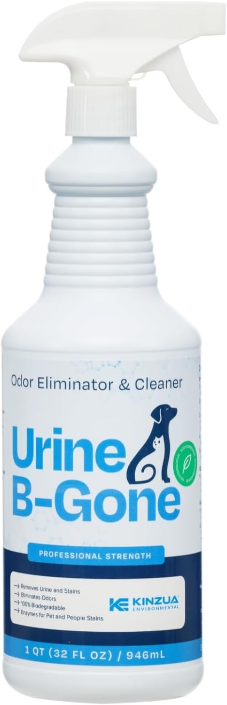 KINZUA ENVIRONMENTAL Urine B-Gone, Professional Enzyme Odor Eliminator & Pet Stain Remover, Human, Cat & Dog Urine Cleaner, Effective on Laundry, Carpets & More, Original Scent, 32oz
