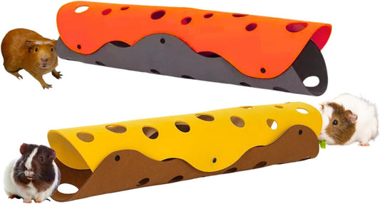 Guinea Pig Tunnels, Foldable Fleece Hideout Beds with Cheese-Hole Design, 2 Pack Modular Tunnel Set for Play and Rest, Brings Comfort and Enrichment to Guinea Pig Cages-Brown&Grey