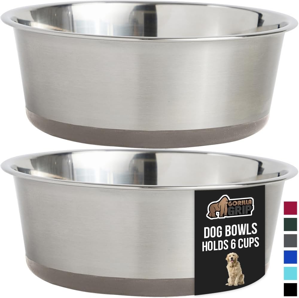 GORILLA GRIP Set of 2 Dog Bowls, Holds 6 Cups (48 fl oz), Heavy Duty Metal Food and Water Bowl for Feeding Dogs and Cats, Dishwasher Safe, Rust Resistant Stainless Steel, BPA Free Rubber Base, Beige