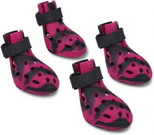 Dog Shoes for Hot Pavement and Snow, Silicone Dog Booties for Small Medium Large Dogs, Waterproof Paw Protectors- Non-Slip, Adjustable Straps, Dog Boots for Beach/Rain/Hiking (Black Pink, S)
