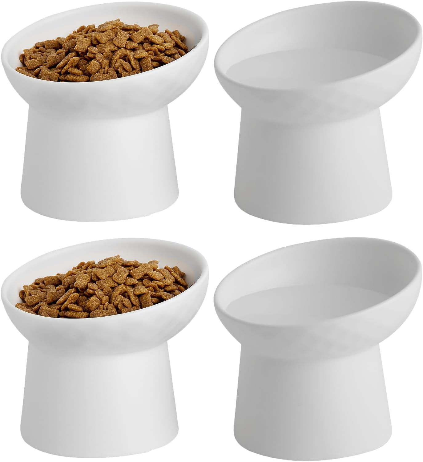 4 Pcs Small Ceramic Raised Cat Bowls, Tilted Elevated Food or Water Bowls, Stress Free, Backflow Prevention, Dishwasher and Microwave Safe, Lead & Cadmium Free(4pc White)