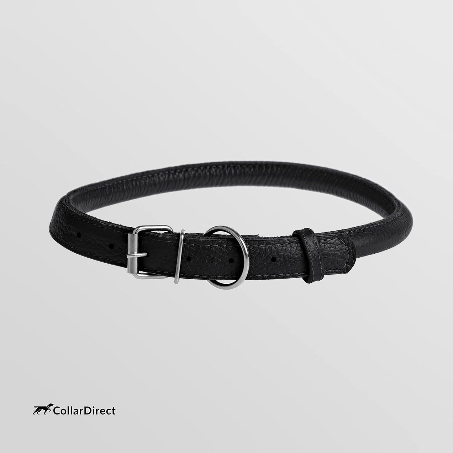 CollarDirect Rolled Leather Dog Collar, Soft Padded Round Puppy Collar, Handmade Genuine Leather Collar Dog Small Large Cat Collars 13 Colors (11-14 Inch, Black Textured)