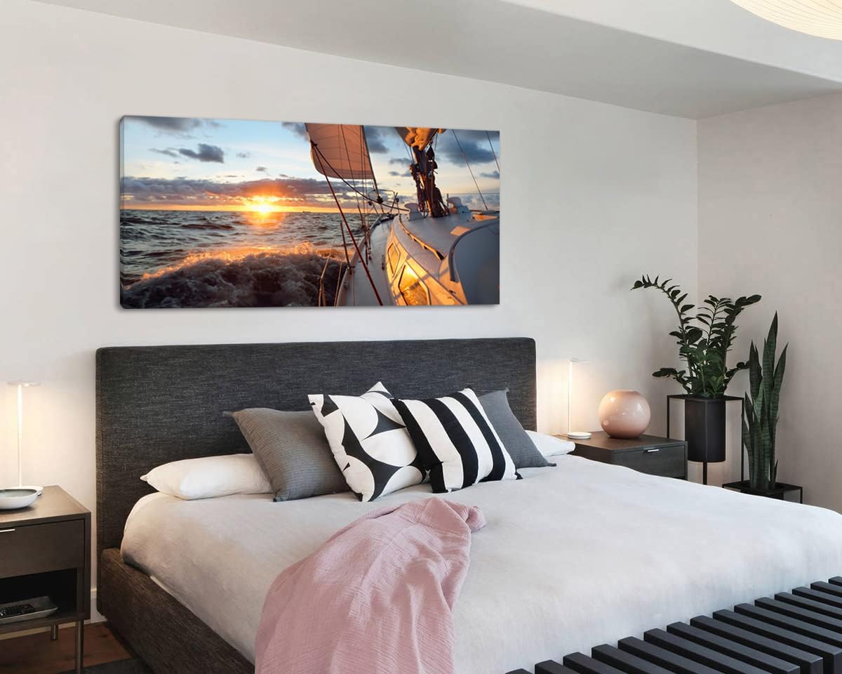 Yacht Sailing in Sea at Sunset Scenery Canvas Wall Art for Living Room Bathroom,Close-up View of Deck Mast Sails Picture Print Artwork Painting Decor,Epic Seascape Scenic Landscape,Inner Frame 30x60