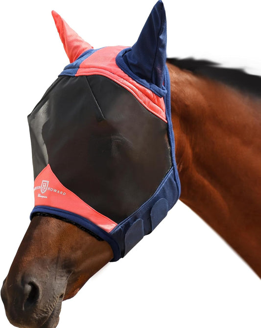 Harrison Howard Pro Luminous Horse Fly Mask Large Eye Space Half Face with Ears UV Protection for Horse Coral Orange/Navy S
