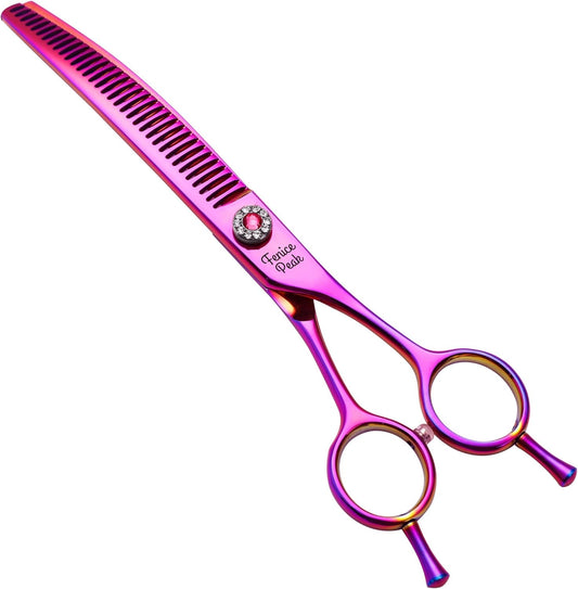 Fenice Peak Professional Dog Grooming Scissors Pet Curved Chunker Shears 7.0'' Extremely Sharp Blades 440C Steel Thinning Scissors Durable Smooth Motion & Fine Cut for Dogs and Cats (Multicolored)