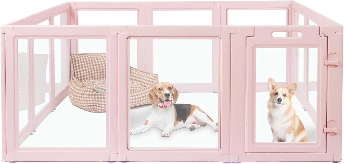 DIY Clear Acrylic Dog Playpen House,Quick Easy Assembly and Disassembly,Strong Floor Suction,Indoor and Outdoor Use,Easy Cleansing Puppy Fence (Skin Pink, 23.6" H, 12PCS)