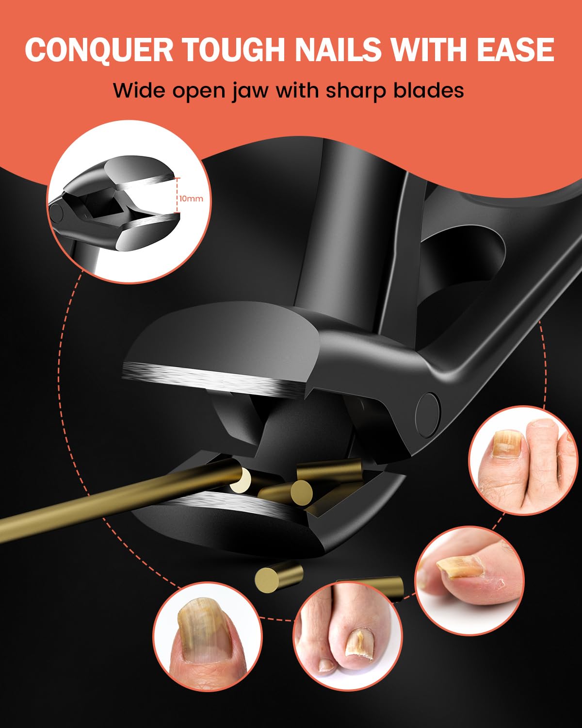 BEZOX Angled Toenail Clippers for Thick Toenails – Long Handle Toe Nail Clippers for Thick Nails for Seniors, Wide Jaw & Heavy-Duty Nail Cutters with Catcher - Black