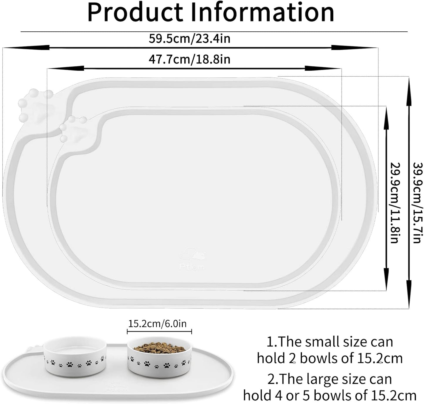 KPWACD Pet Placemat for Dog and Cat, Waterproof Silicone Dogs Feeding Bowl Mat Prevent Food and Water Overflow, High-Lips Puppy Dish Mats Suitable for Small Medium Big Pets, White, 19" * 12"