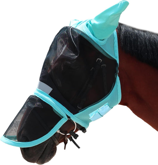 Luminous Horse Fly Mask with Long Nose, Ears, Full Face & Eye Protection - Full Mesh, Detachable Nose Cover, Fleece Padded Edging, Hook-and-Loop Straps with Webbing, Hanging Straps Mint Green