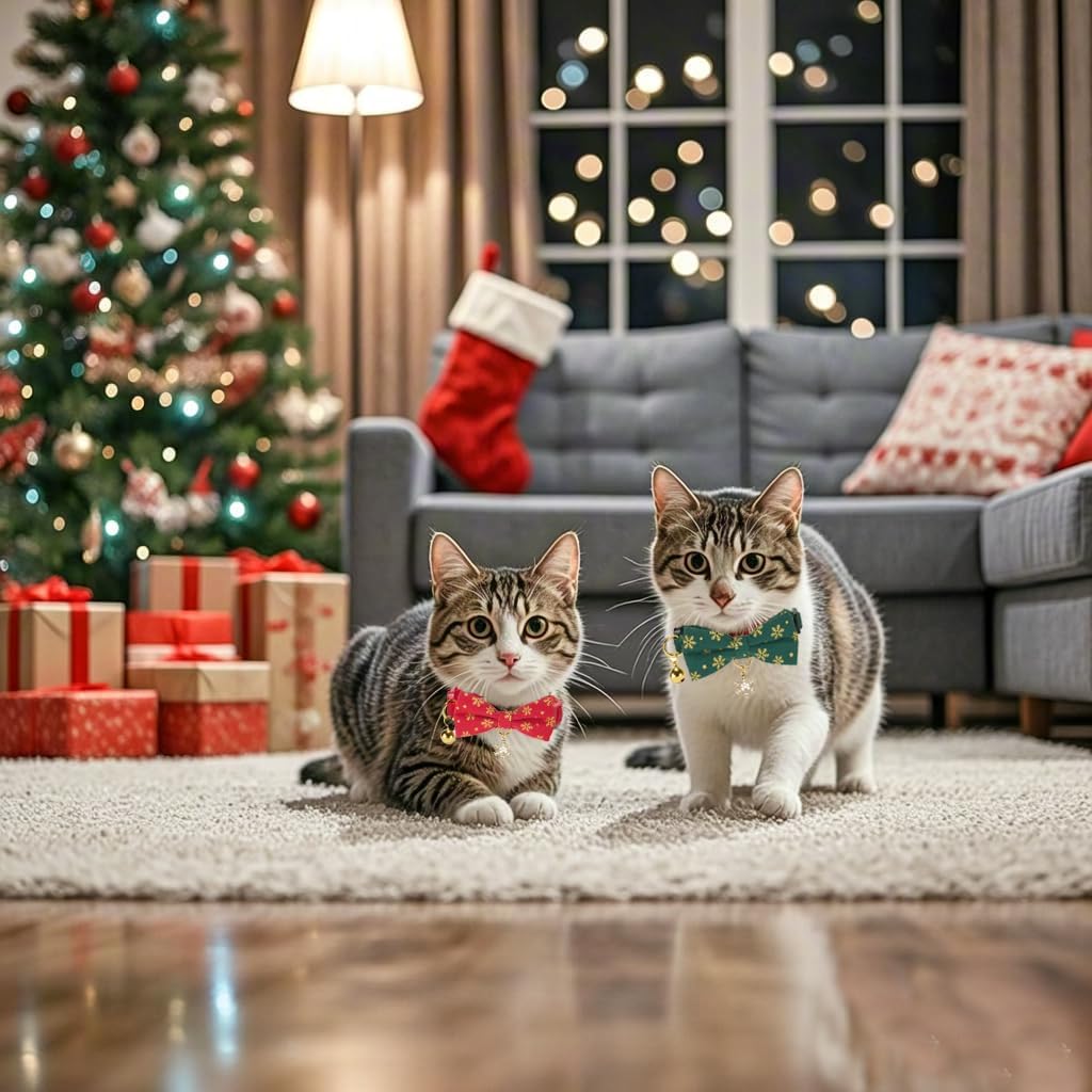 Christmas Cat Collar 2 Pack Cotton Bowtie Cat Collars Glittery Snowflakes Cute Kitten Collar(Red+Green)