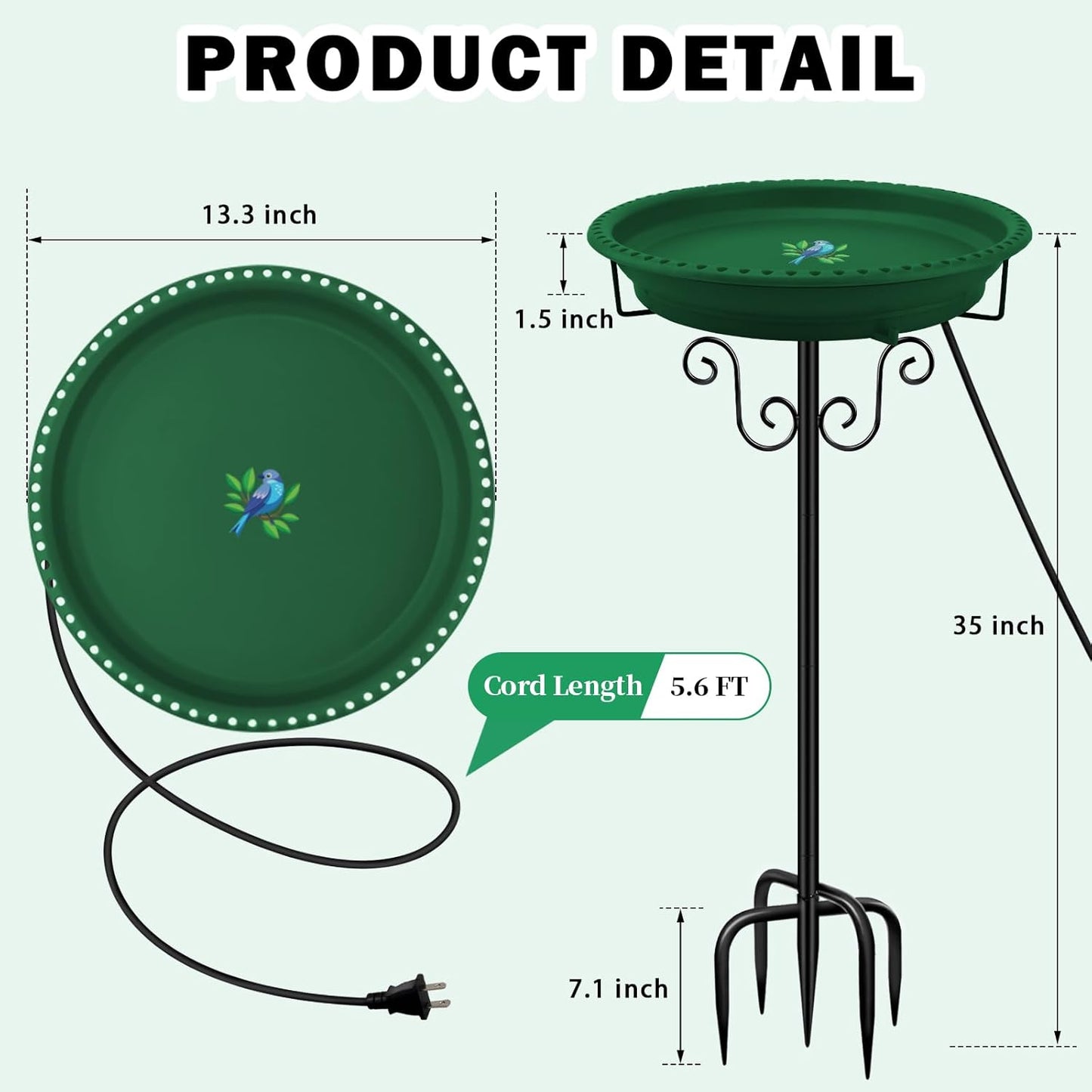 Heated Bird Bath, Lovppy 100W Thermostatically Controlled Heated Bird Baths for Outdoors Bird Bath Heater with Metal Stake, Heated Bird Bath for Outside Winter Garden Patio Yard Lawn (Green)