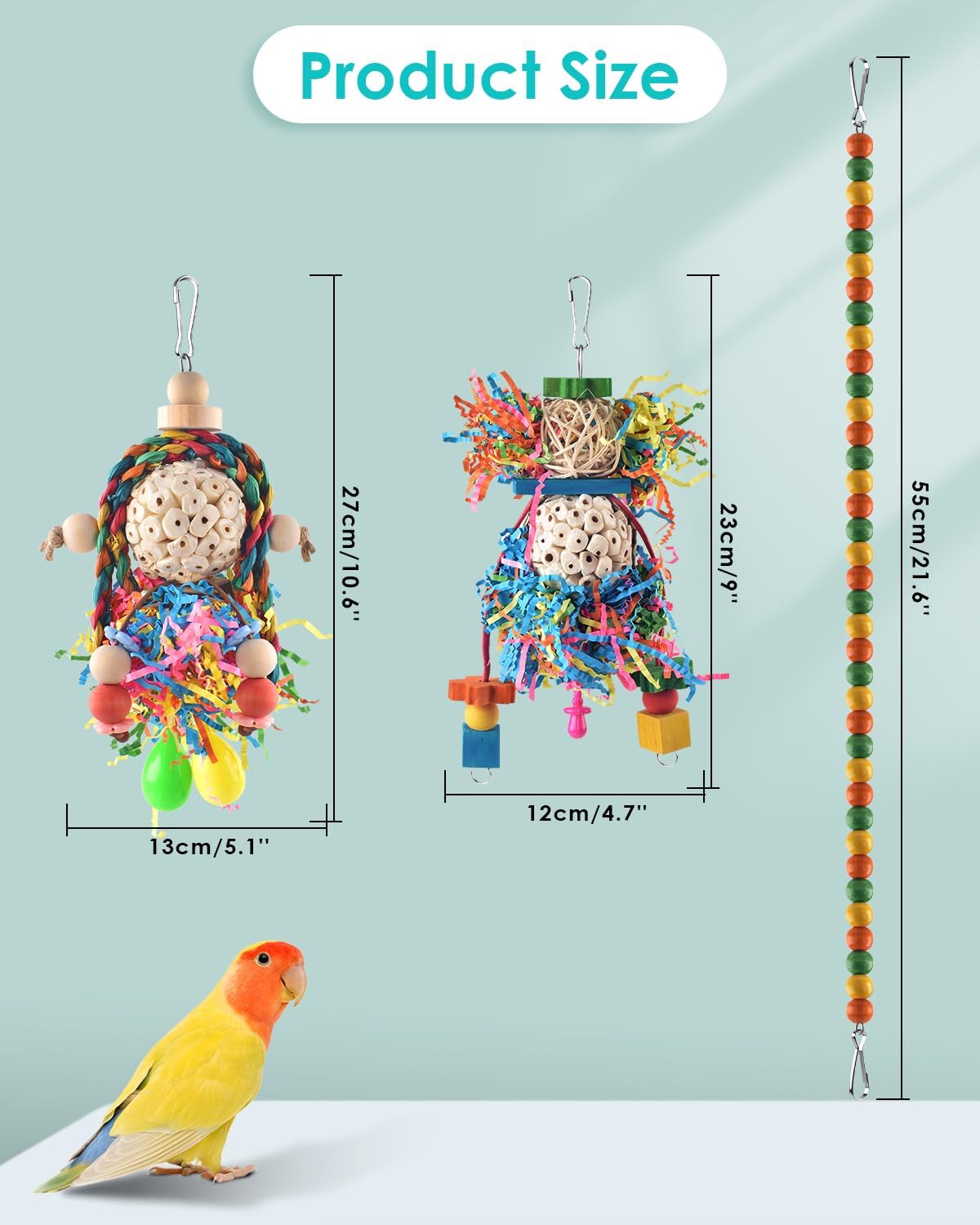 Bissap Conure Toys, 3 PCS Parrot Foraging Shredder Hanging Toys Sola Balls with Sand Hammer Perch Swing Climbing for Small Parrots Parakeets Conures Cockatiels Love Birds Cage Toy