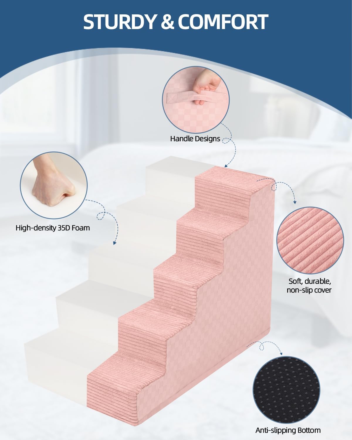 Dog Stairs for Small Dogs,17.5" H,4-Step Dog Steps for Bed and Couch with High Density Foam,Non-Slip Pet Steps for Doggy and Cat,Pet Stairs with a Washable Cover,Pink