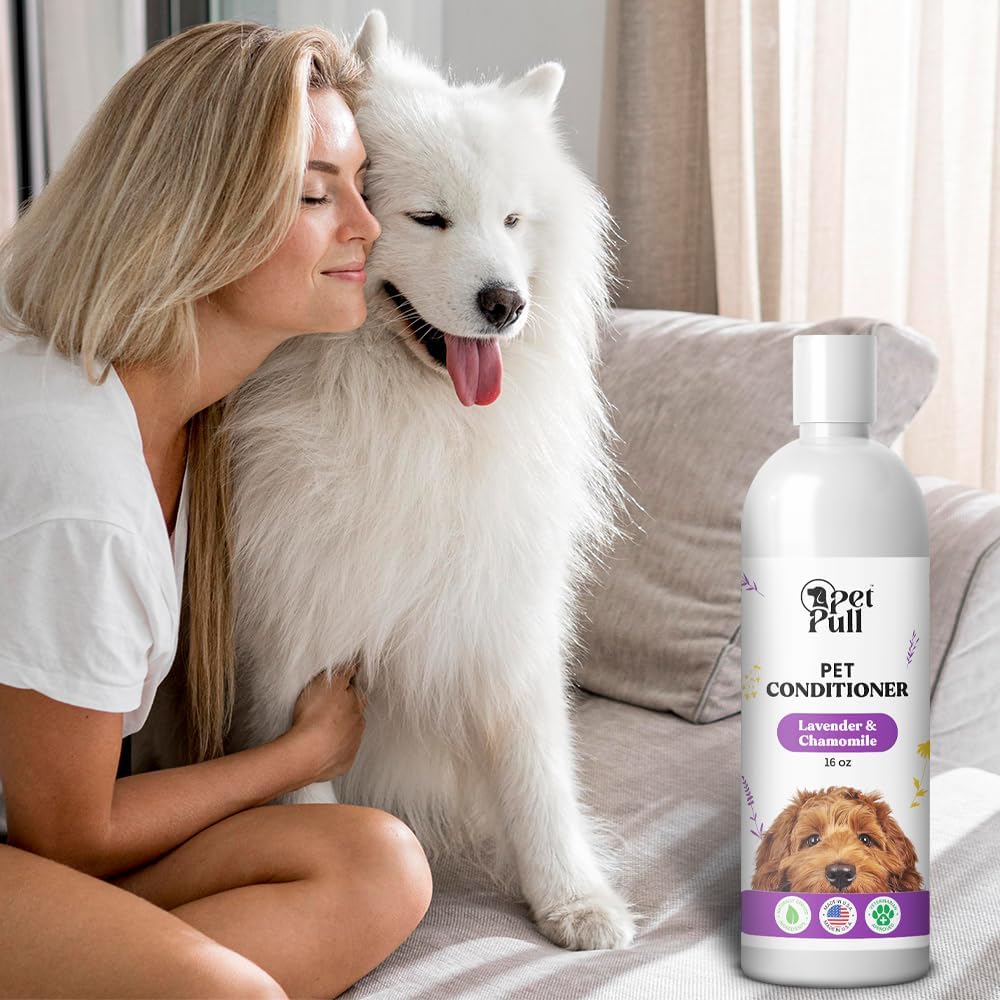 Dog Conditioner Puppy Essentials - Moisturizing Conditioner for Dogs with Lavender and Chamomile Scent - Plant Based Dog Bath Supplies Detangle and Revive Pet's Coat - Made in USA (16 Oz)