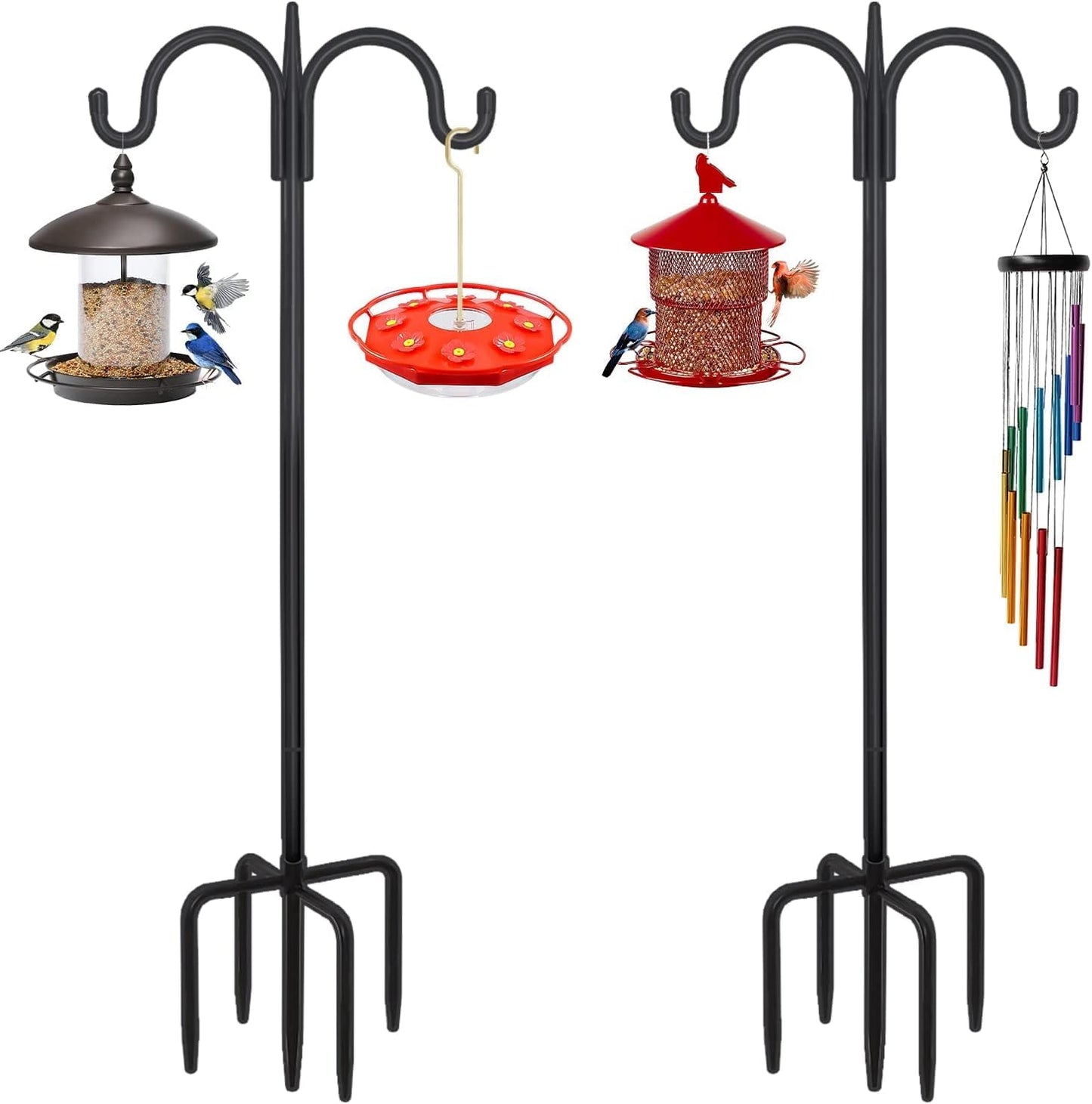 FEED GARDEN Adjustable Double Shepherds Hook for Outdoor with 5 Prong Base 63 Inch Heavy Duty Two Sided Bird Feeder Pole for Hanging Plant Baskets, Solar Light Lanterns, Wind Chimes 2 Pack
