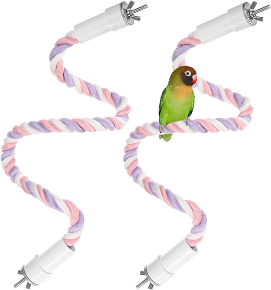 2-Pack Rope Perches for Bird Cages, 23.6 in Length Comfort Grip Flexible Rope Perch Beak & Paw Grinding for Parrots/Cockatiels/Parakeets, Bird Platform Sand [Pink Purple]