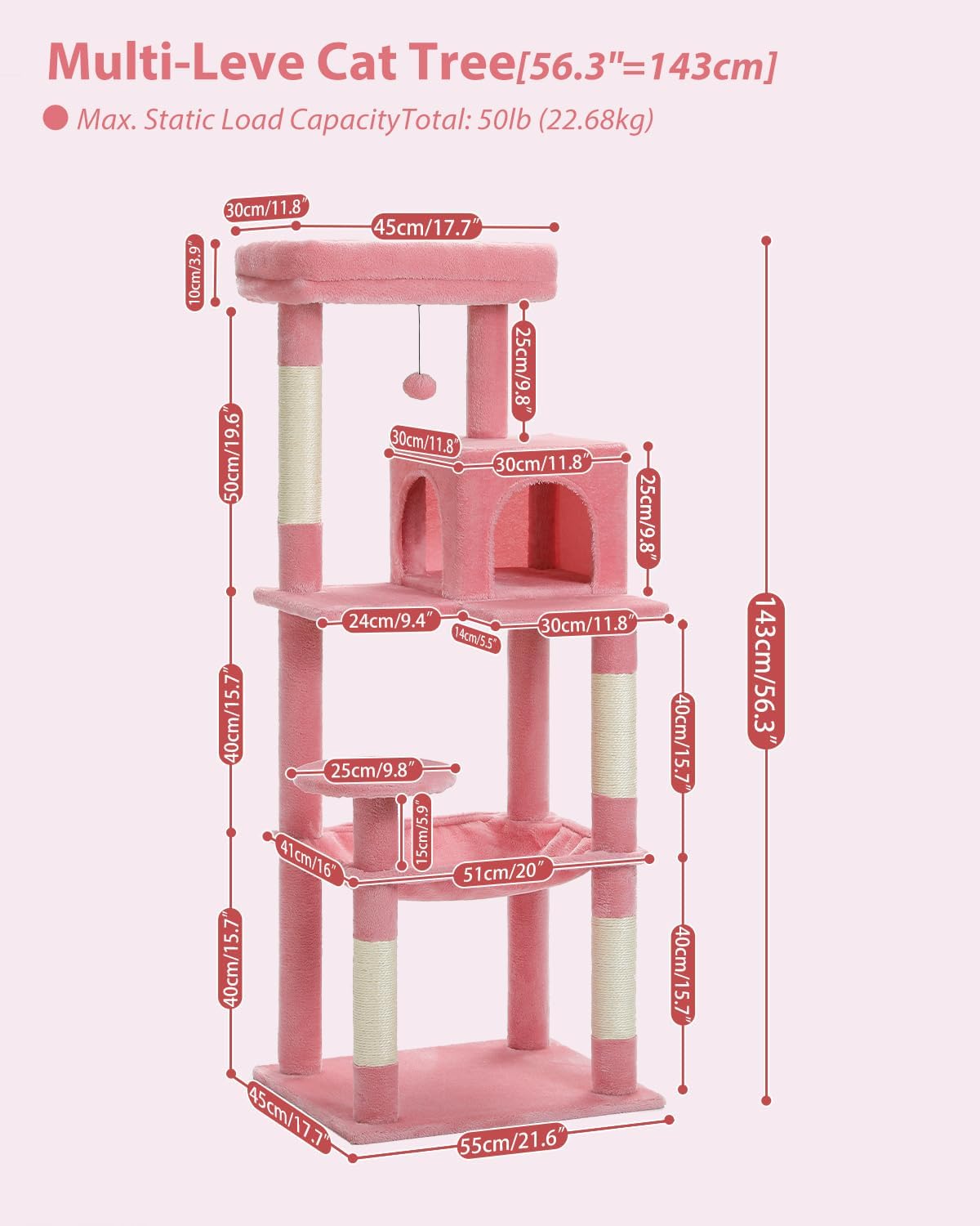 Cat Tree for Large Cats with Metal Plush Big Hammock, 56.3" Cat Tower for Indoor Cats with 2 Door Condo House, 6-Tier Cat Shelves with Scratching Posts and Large Top Perch, Pink