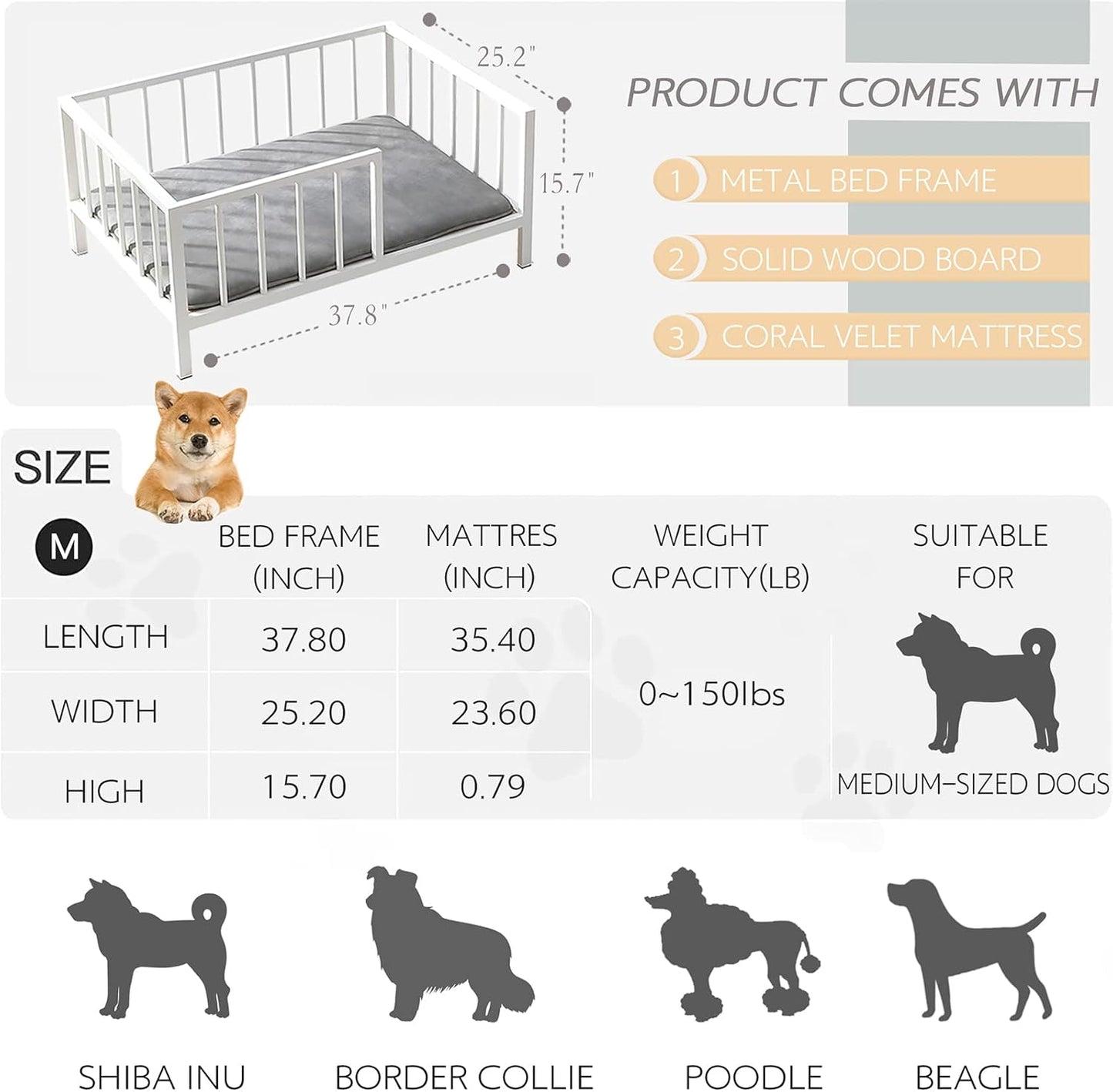 Dog Bed with Rails - Elevated Pet Metal Bed Frame with Solid Wood Board and Washable Soft Mat for Medium Dog Indoor or Outdoor Use, 25.2" x 37.8", White