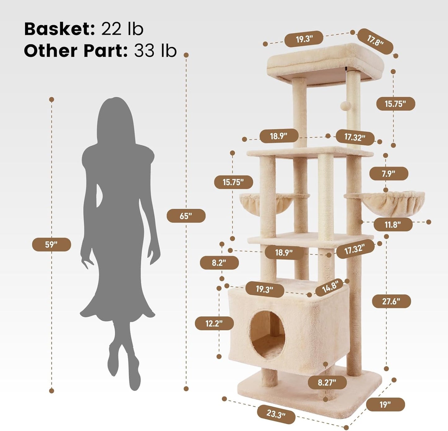 Gardner Pet 65in Heavy Duty Cat Tree Tower for Large Cats, Multi-Level Cat Furniture with Replaceable Sisal Scratching Post, Hammock | Extra-Large Platform & Condo (Beige)