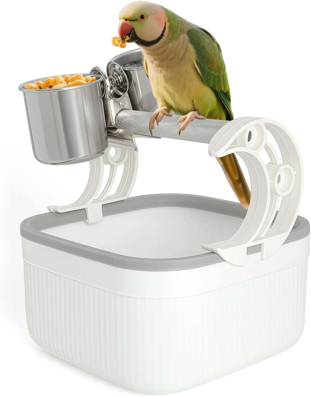 Bird Desktop Training Stand with Detachable Stainless Steel Double Bowls Feeder-Portable Bird Perches Stand with Detachable Base for Parakeets, Lovebirds&Medium-Sized Birds, Parakeet Cage Accessories