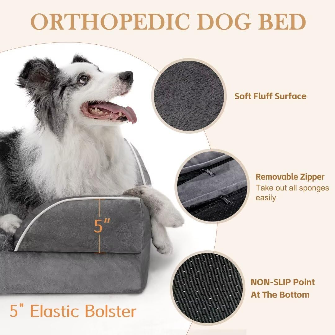 Comfort Expression Dog Beds for Extra Large Dogs, Waterproof Orthopedic Dog Bed Jumbo Breed, PV Washable Dogs Sofa with Removable Cover & Non-Slip Bottom(Dark Grey)