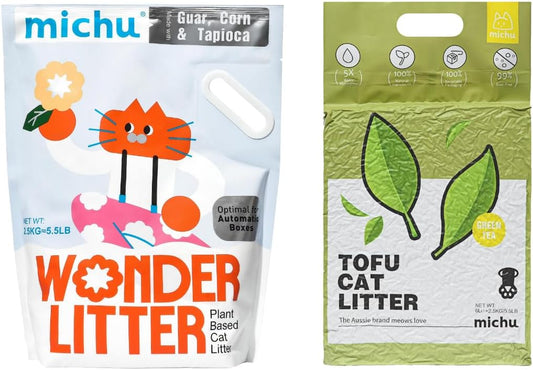 Tofu Cat Litter Natural Clumping Tofu Cat Litter 5.5lb/88oz 5 Scents (Greentea + Wonder Litter, 2 Pack)