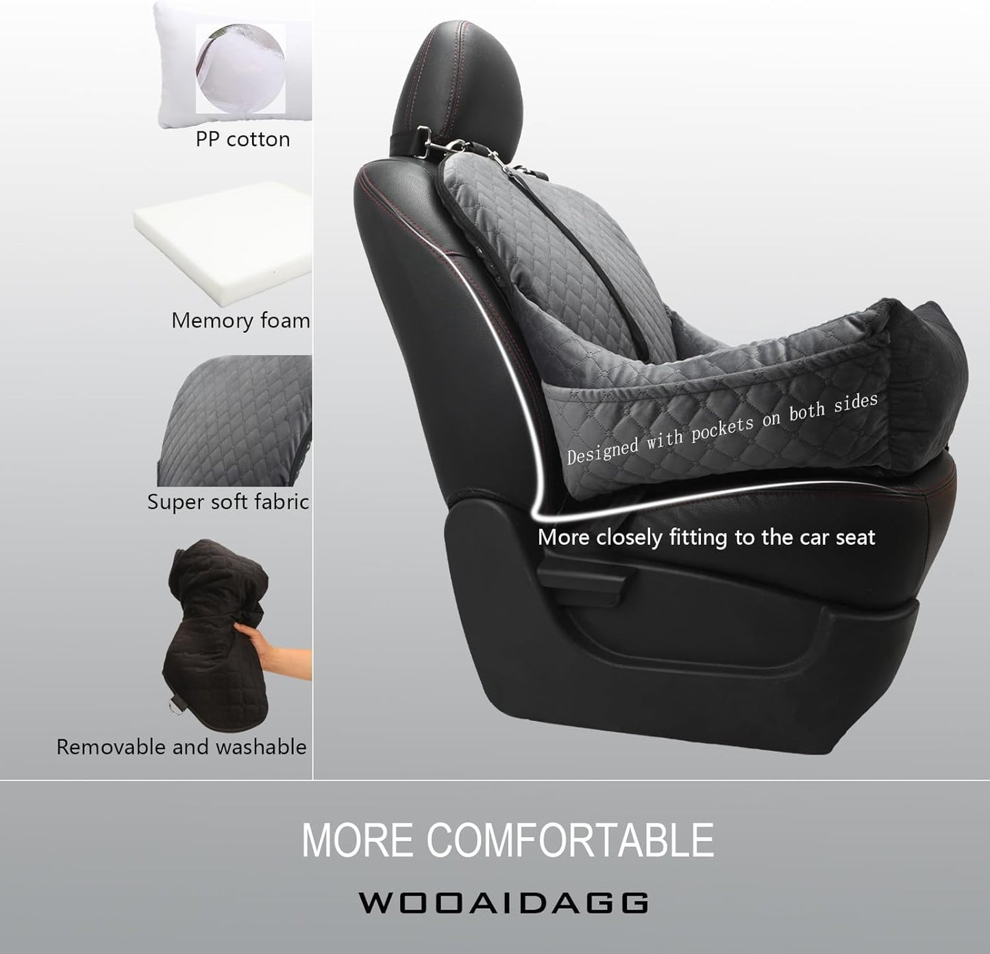 Dog Car Seat,Fully Detachable and Washable Cover,Easy to Assemble,Comfy Cushion Fill in Memory Foam,2 Clip-On Safety Leashes and Storage Pockets (Grey)