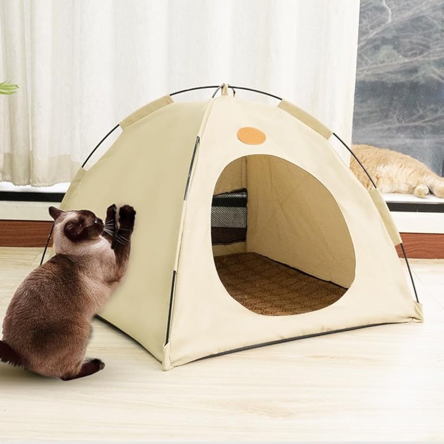 BreezyDen Pop-Up Pet Tent – Portable Indoor/Outdoor Cat Tent, Waterproof Pet Hideaway for Cats & Small Dogs with Mesh Window, Anti-Slip Base & Washable Design (Dark Gray, S (4 catties Kitten))