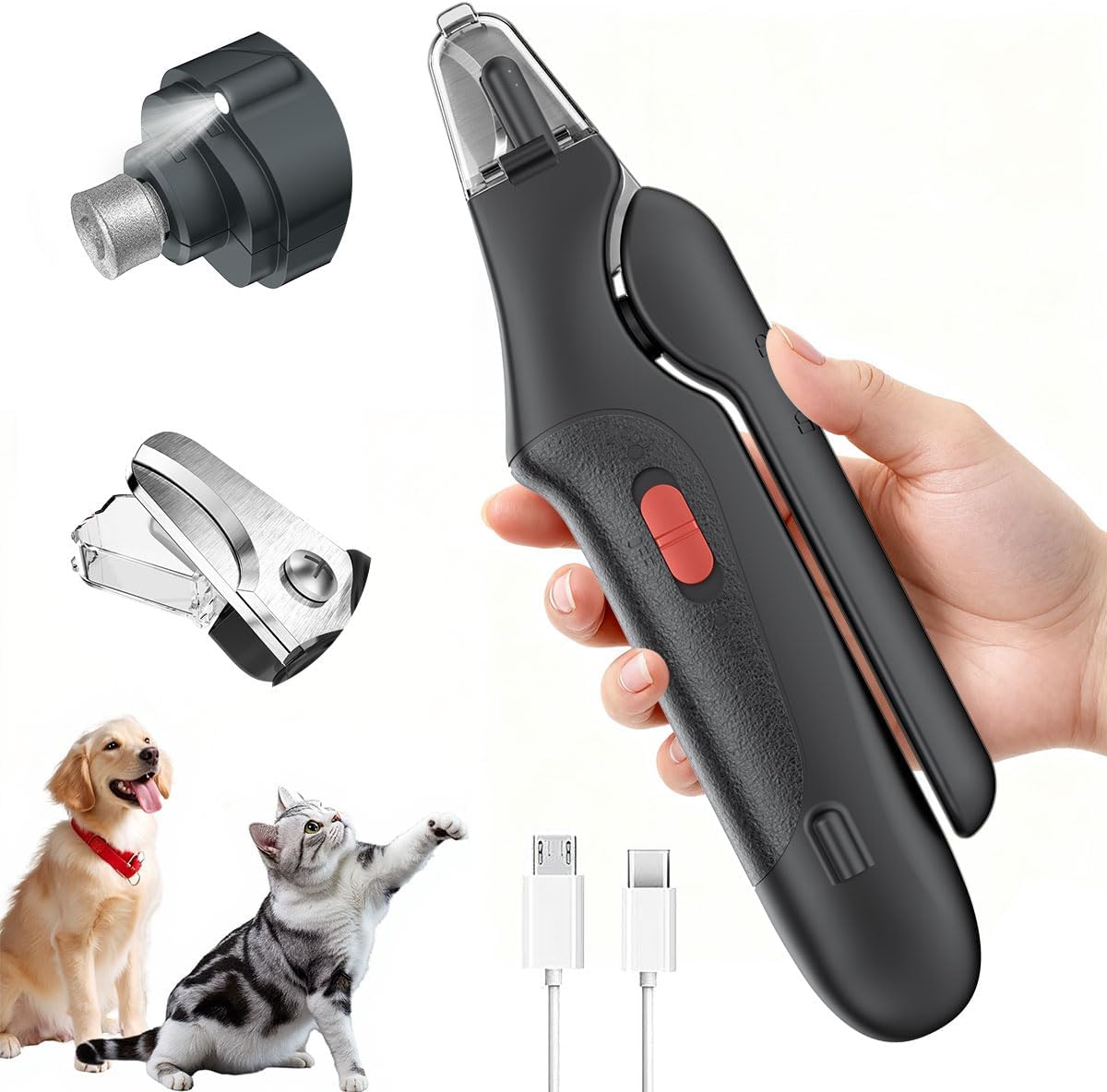 2 in 1 Dog Nail Clippers & Cat Nail Clippers Trimmers for Large Medium Small Dogs Cats Claw Trimmer Quick Sensor and Safety Guard USB Rechargeable Dogs Nail Trimmer with Catcher & 2 LED Lights