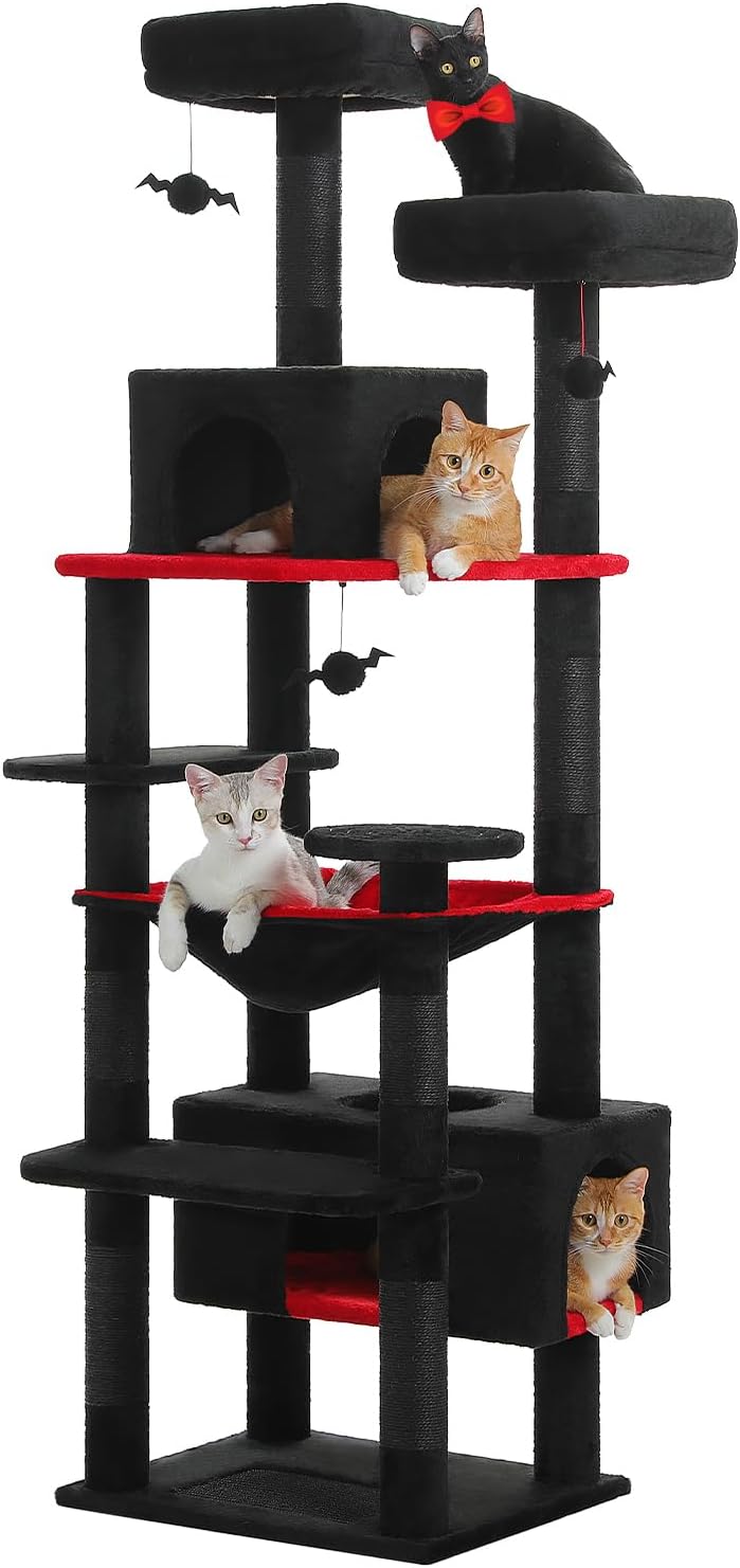 PAWZ Road Large Cat Tree, 72 Inches Gothic Cat Tower for Large Cats, Cat Condo with Sisal-Covered Scratching Posts and Pads, 2 Padded Perch, Dual Condo and Basket for Indoor Cats-Black
