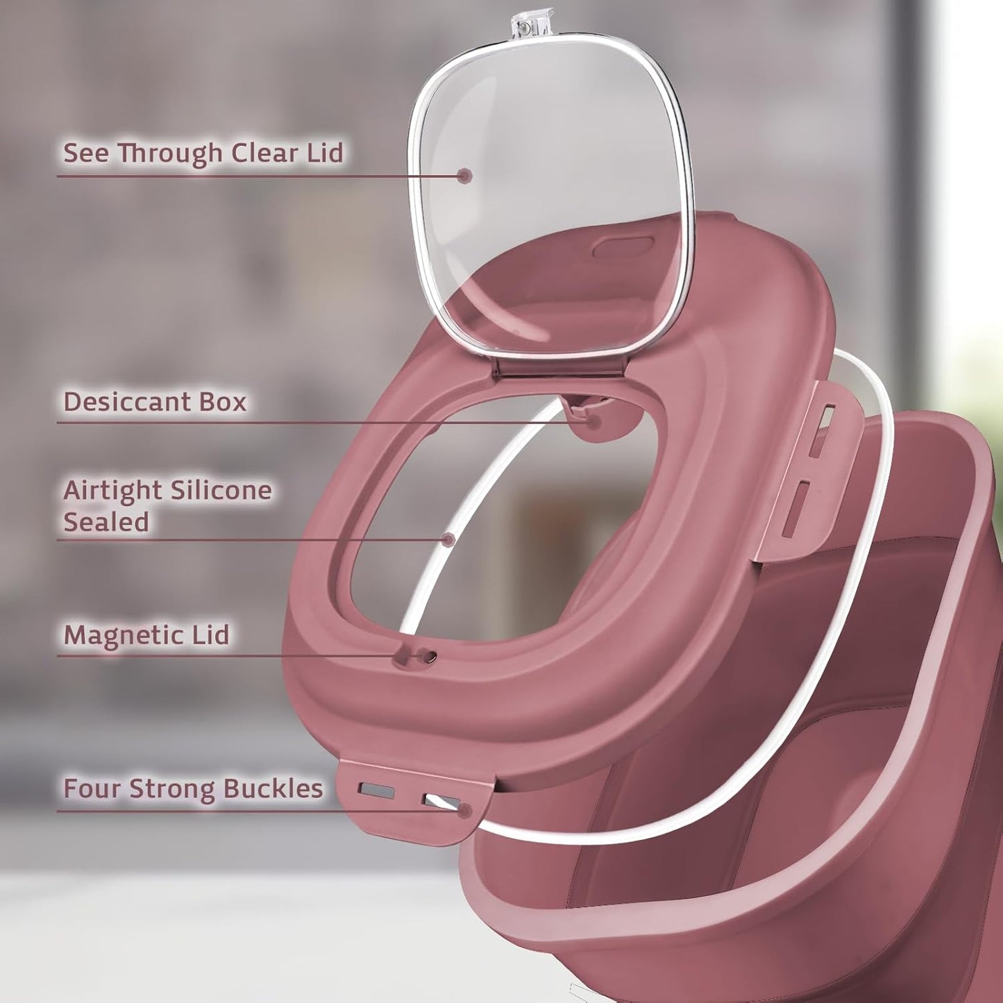 Rice Storage Bin Cereal Containers, 13-50lb Collapsible Rice Container Dispenser with Transparent Lid, Rolling Wheels, Measuring Cup and Scoop, Airtight Dog Cat Pet Food Storage Container Pink