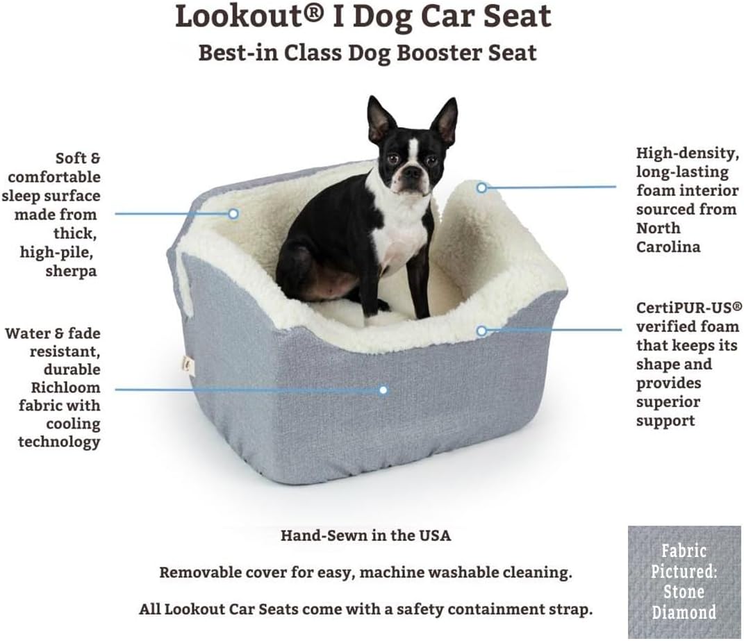 Snoozer Dog Car Seat: Lookout I Dog Booster Car Seat for Dogs Small 5-15 lbs, Size: Small, Fabric: Stone Diamond, Pet Booster to Alleviate Motion Sickness for Dogs, Removable Machine Washable Cover