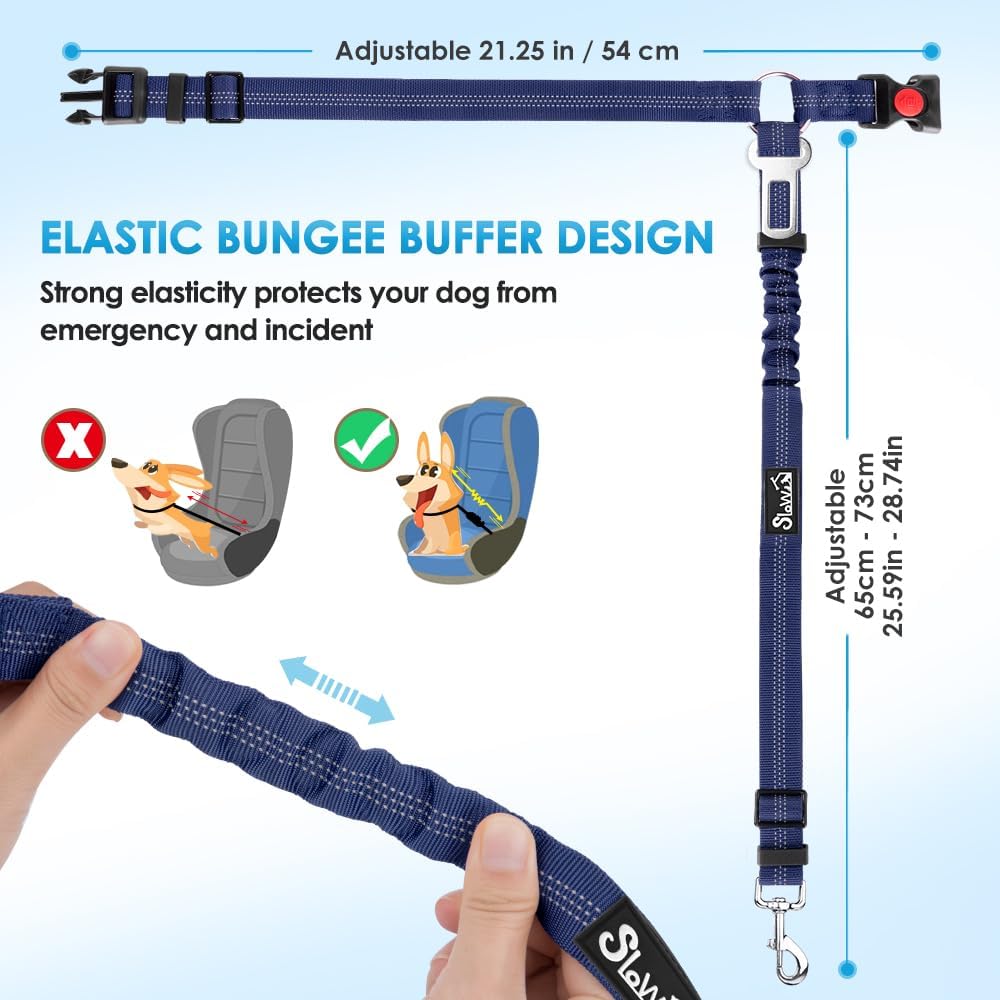 SlowTon Dog Seat Belt for Car, 2 Pack Dog Car Harness Seatbelt Adjustable with Elastic Bungee Buffer, 2 in 1 Pet Car Leash Headrest Restraint Dog Reflective Safety Tether (Blue, Headrest+Clip)