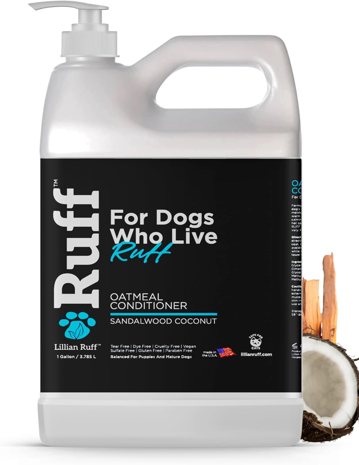 Ruff by Lillian Ruff Sandalwood Coconut Oatmeal Conditioner for Dogs – Moisturize & Soothe Dry Itchy Skin, Promote Healthy Coat, Tear-Free, Sulfate-Free, Paraben-Free, Made in USA (Gallon with Pump)