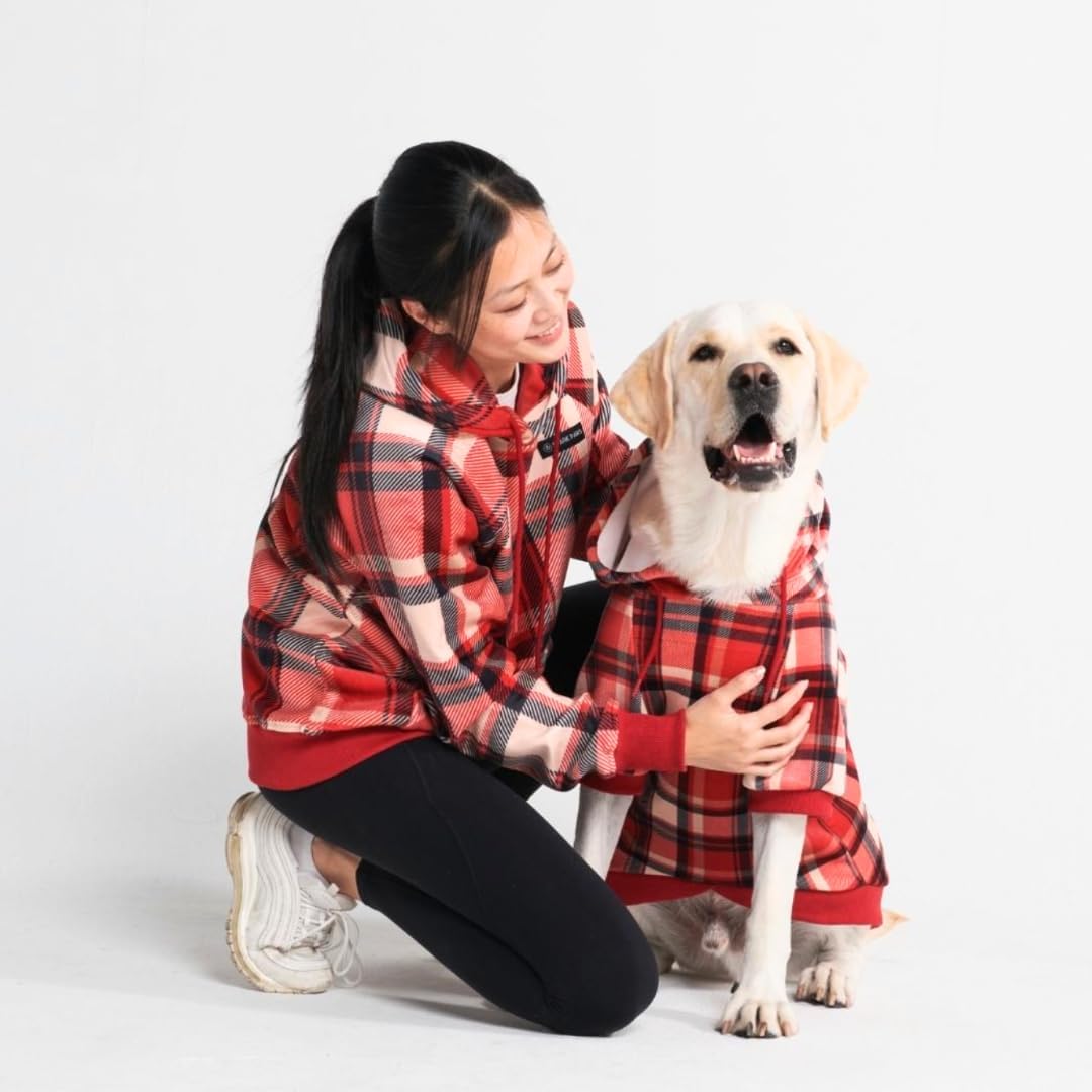 Spark Paws Dog Hoodie – Premium Dog Sweater for Small, Medium, and Large Dogs | Warm Outfits for French Bulldogs, Pitbull, Puppy, Winter Jacket Alternative - Red Plaid, 4XL