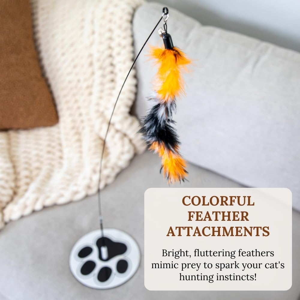 Cat Wand Toy with Round Base – Interactive Feather & Glow-in-The-Dark Octopus Attachments – Suction Cup Cat Toy for Indoor Cats & Kittens