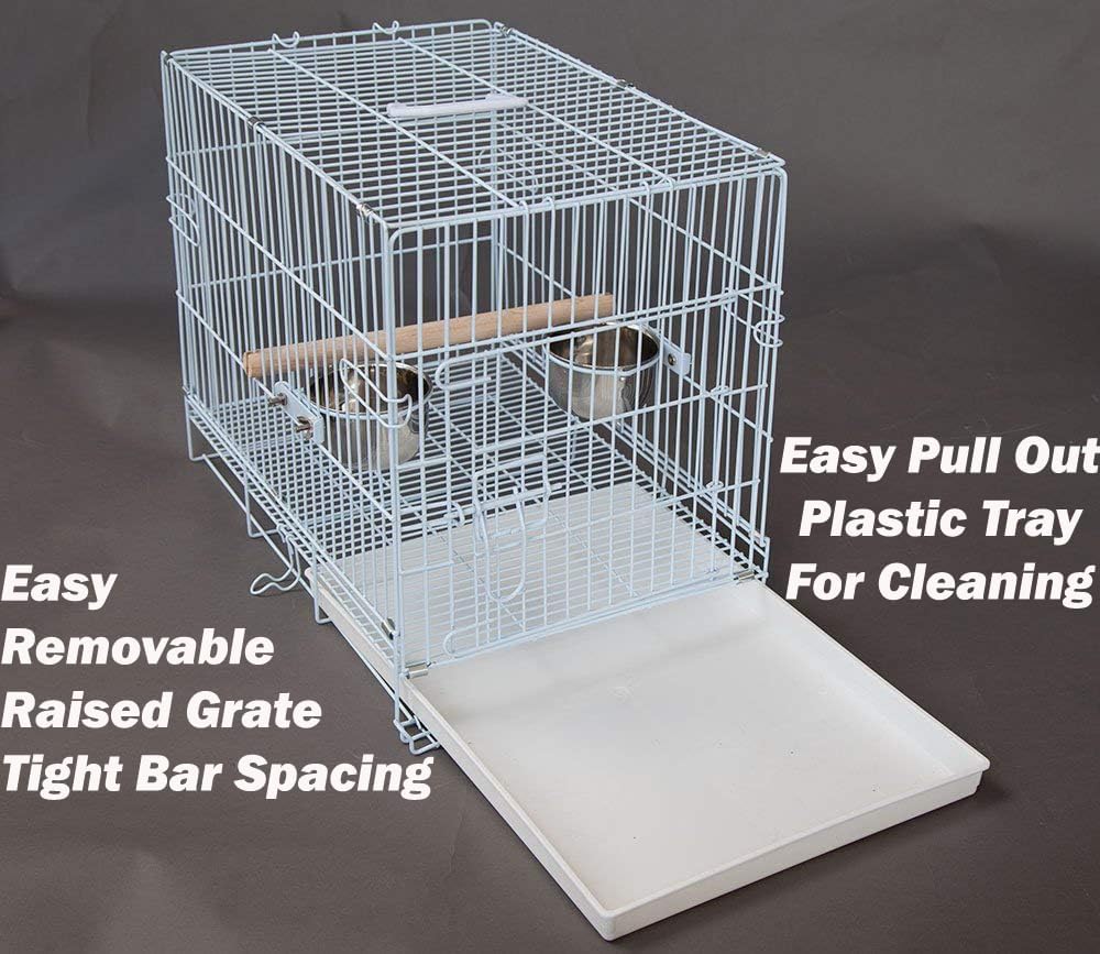 Large Portable Durable Metal Travel or Veterinary Easy Collapsable Parrot Bird Carrier Beaks Proof Carrier Cage Easy Clean Pull Out Tray Stainless Steel Feeder Bowls Natural Wooden Perch