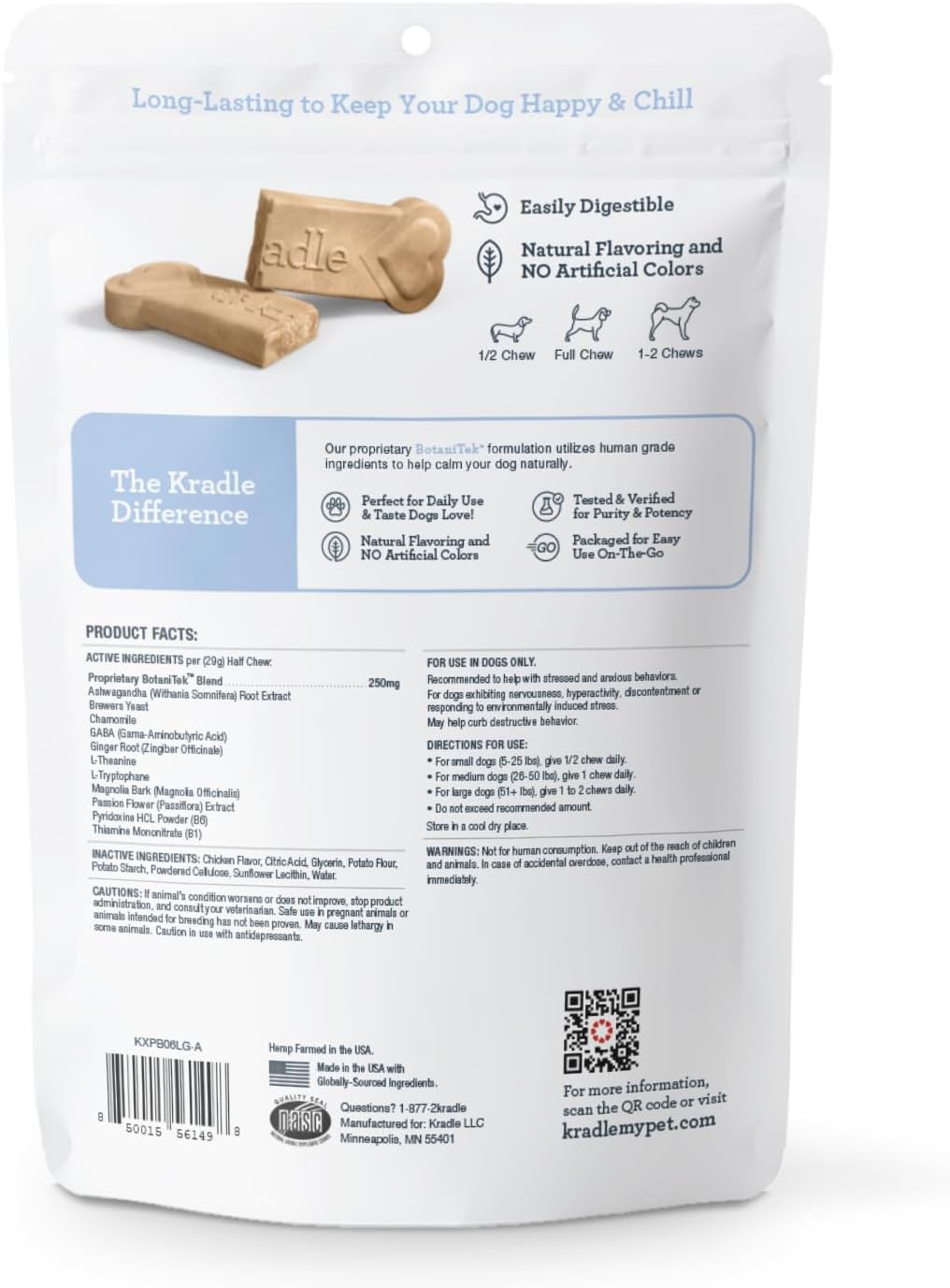 Kradle Chillers Hard Chews for Dogs - Ashwaganda GABA L-Theanine - Supports a Calm Demeanor - 6 Hard Chews