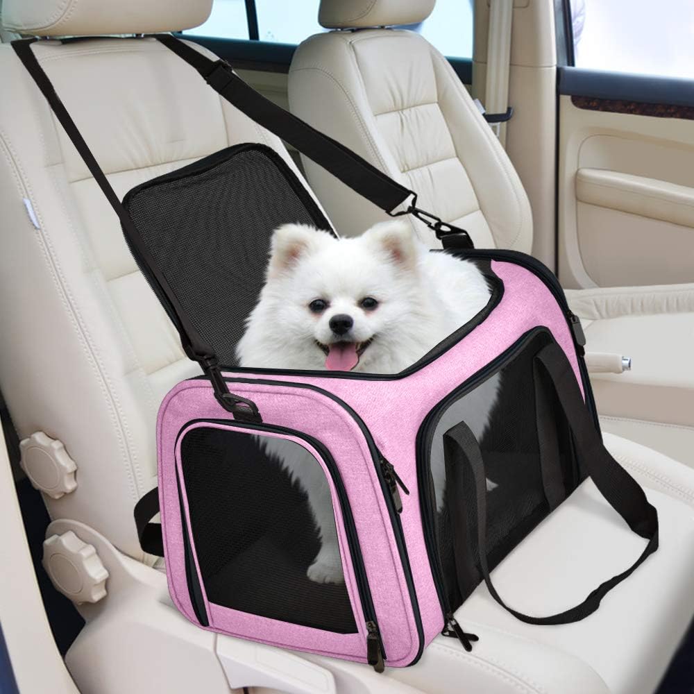 Pet Carrier for Small Medium Cats Dogs Puppies up to 15 Lbs, TSA Airline Approved, Soft Sided, Collapsible Travel - Pink