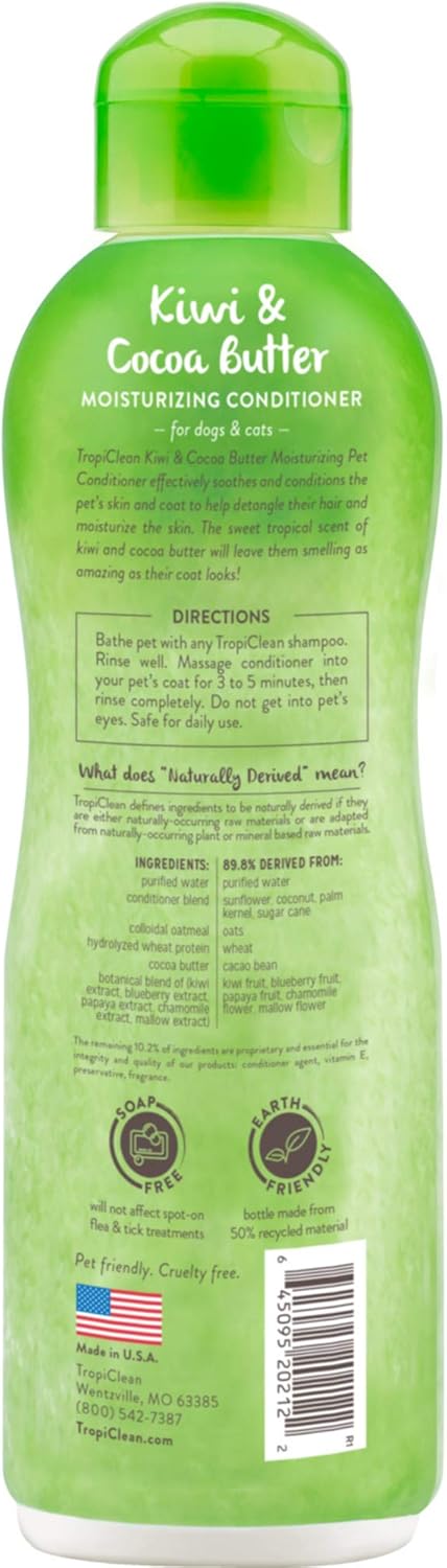 TropiClean Dog Conditioner, Easy Detangling & Moisturizing Conditioner, Puppy Safe, Made in The USA, Kiwi & Cocoa Butter Scent, 20oz.