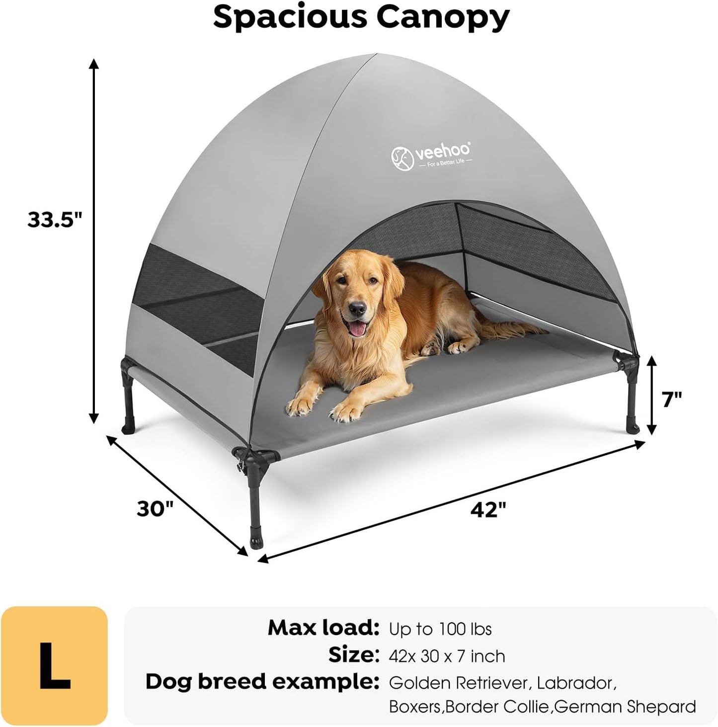 Veehoo Outdoor Dog Bed with Canopy, Cooling Elevated Pet Cot with Removable Shade, Non-Slip Feet, Raised Dog Cot for Large Dogs, Pet Tent Bed for Camping, Beach, Large, Grey, CWC2411