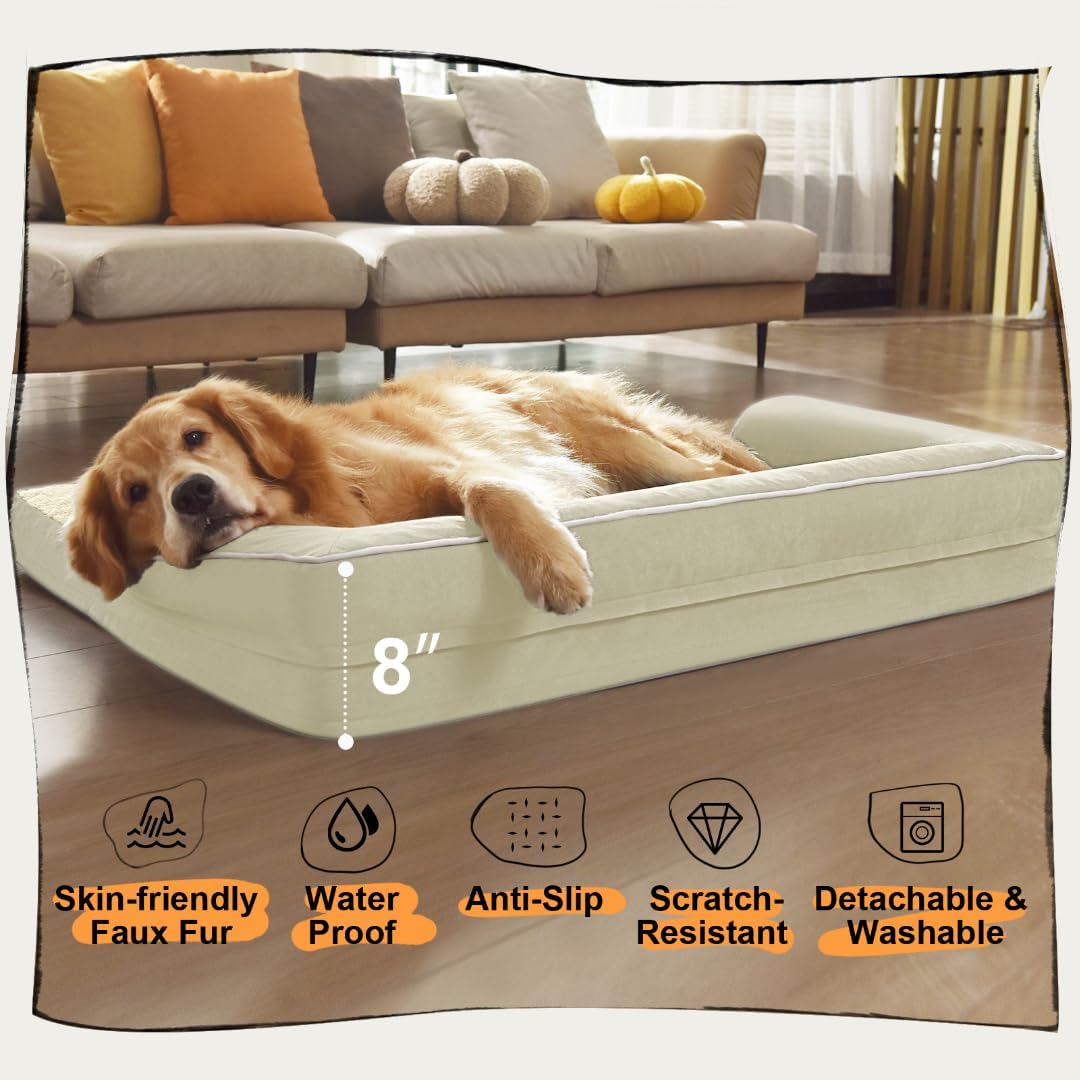 Large Dog Bed Orthopedic Washable - Beds Bolster Pet - XXXL Large Big Dogs - Memory Foam - Couch Sofa Bed- Waterproof with Removable Cover - Beige Dog Bed
