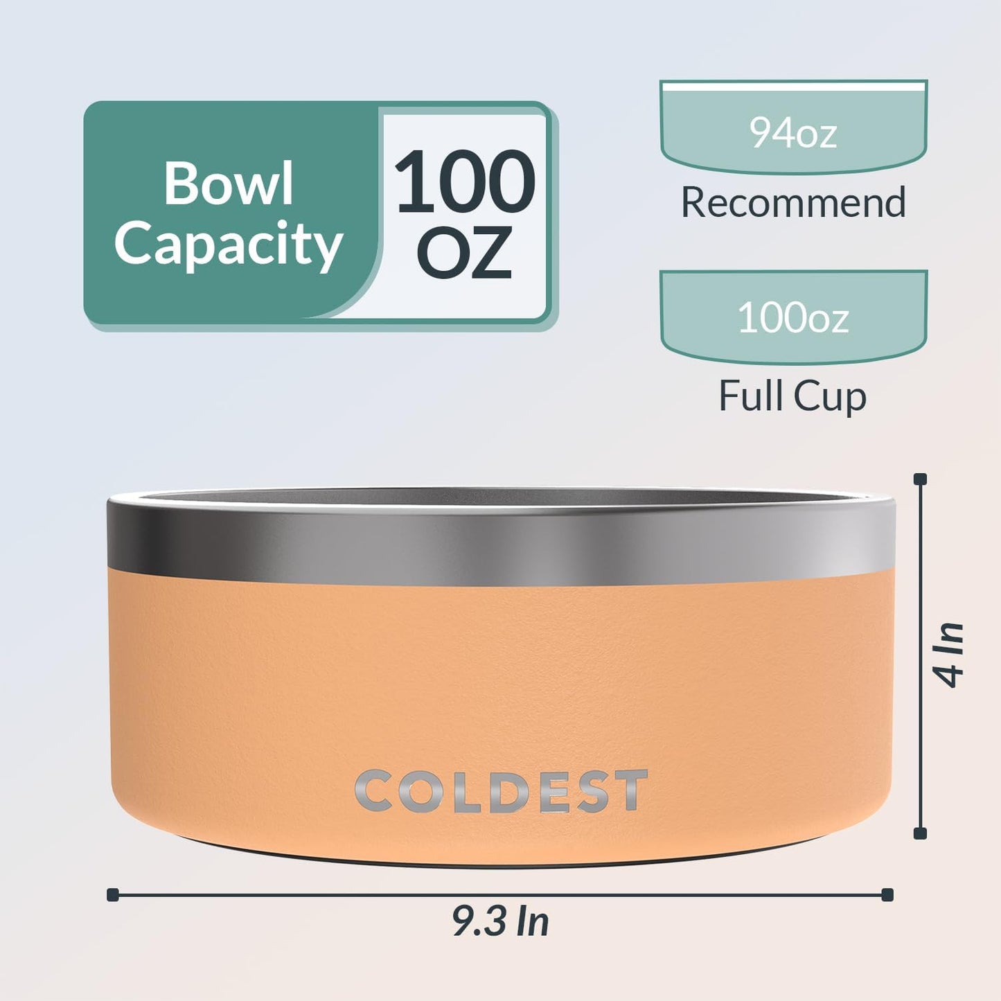 Coldest Dog Bowl - Anti Rust Metal, Non Slip, 3 Layers Insulated Stainless Steel Dog Bowls - Spill Proof & Heavy Duty - Water Bowl for Dogs, Cats & Pets, Dish Washer Safe (100 oz, Sahara Peach)