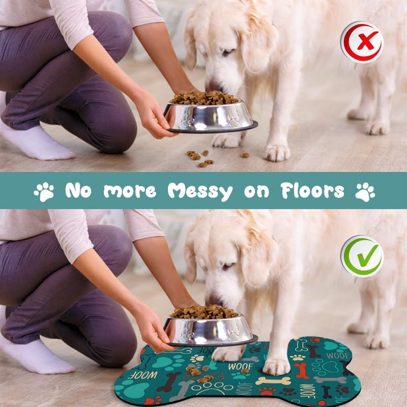 Dog Food Mats for Floors Waterproof, Pet Feeding Absorbent Water Bowl Mat Cat Placemats Green Bone Shape 19 * 12 inch